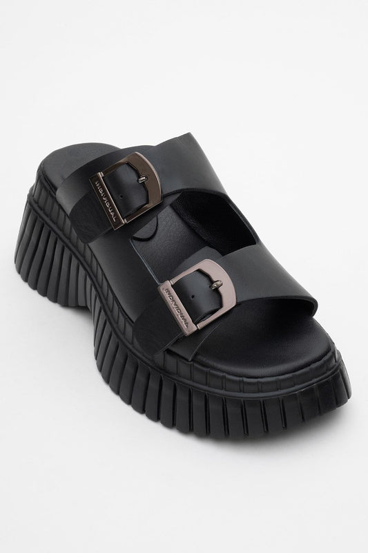 Joanes - Black Leather Two-Strap Platform Sandal (Women)