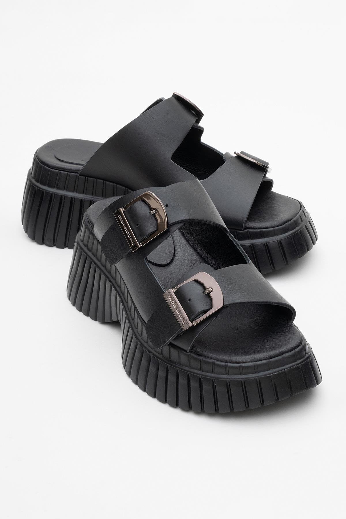 Joanes - Black Leather Two-Strap Platform Sandal (Women)