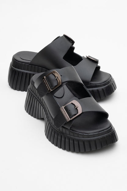 Joanes - Black Leather Two-Strap Platform Sandal (Women)