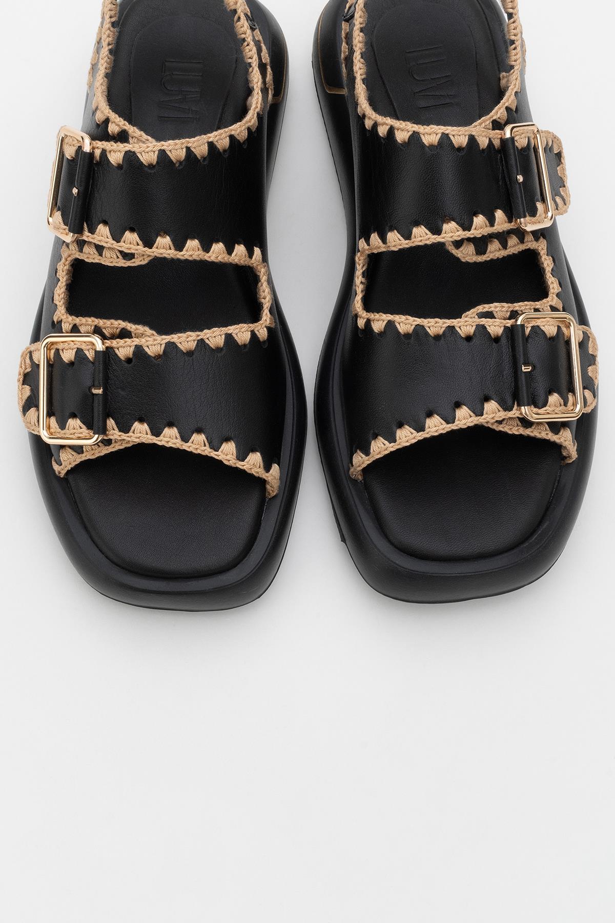 Douro - Black Braided Rope Strap Leather Sandal (Women)
