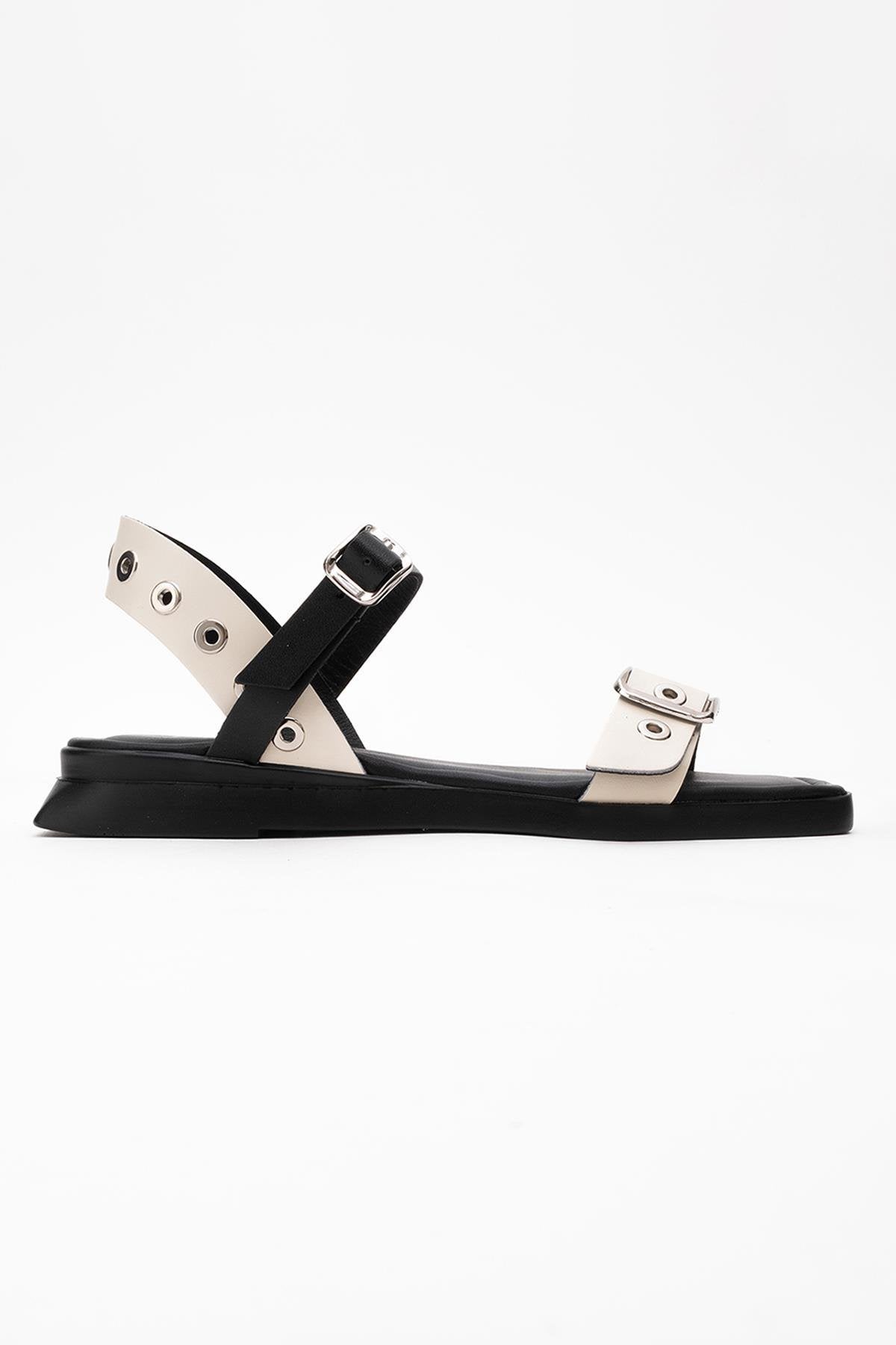 Mozes - Beige Black Leather Sandal (Women)