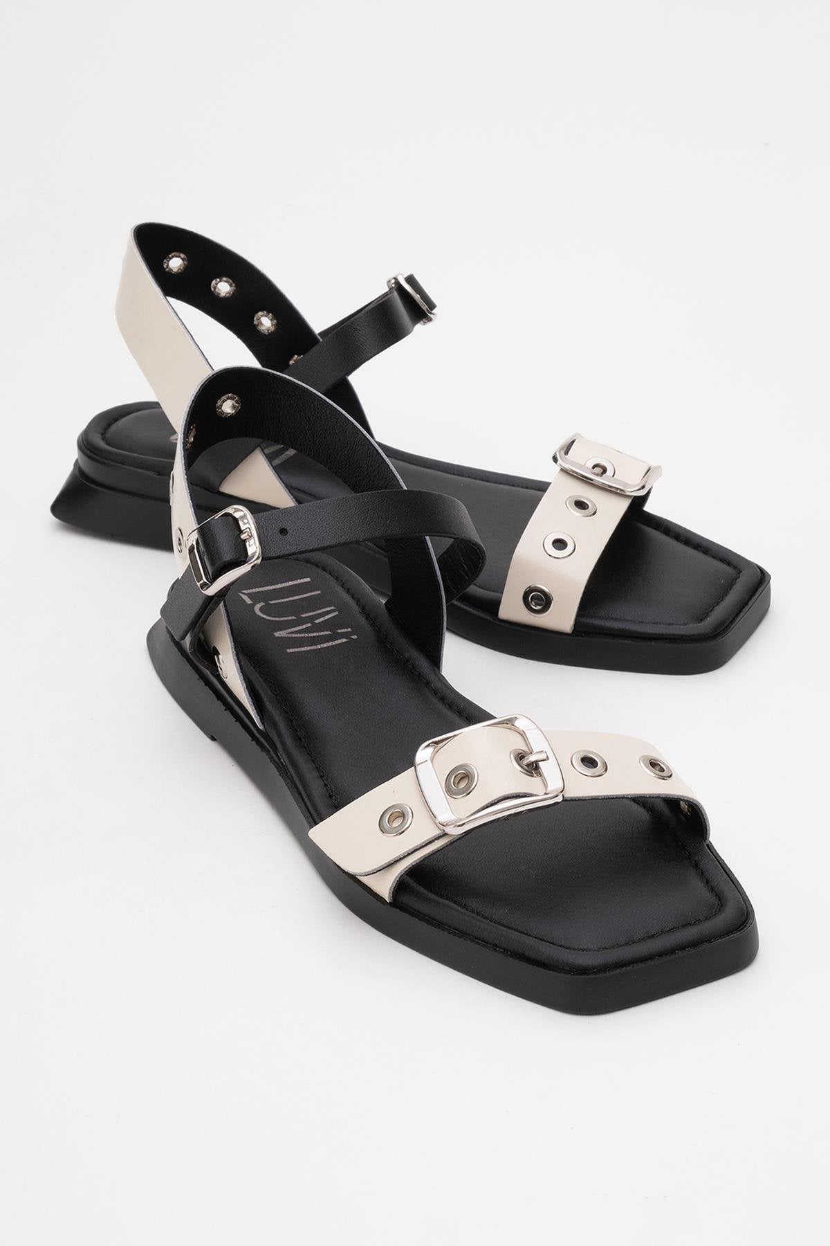 Mozes - Beige Black Leather Sandal (Women)