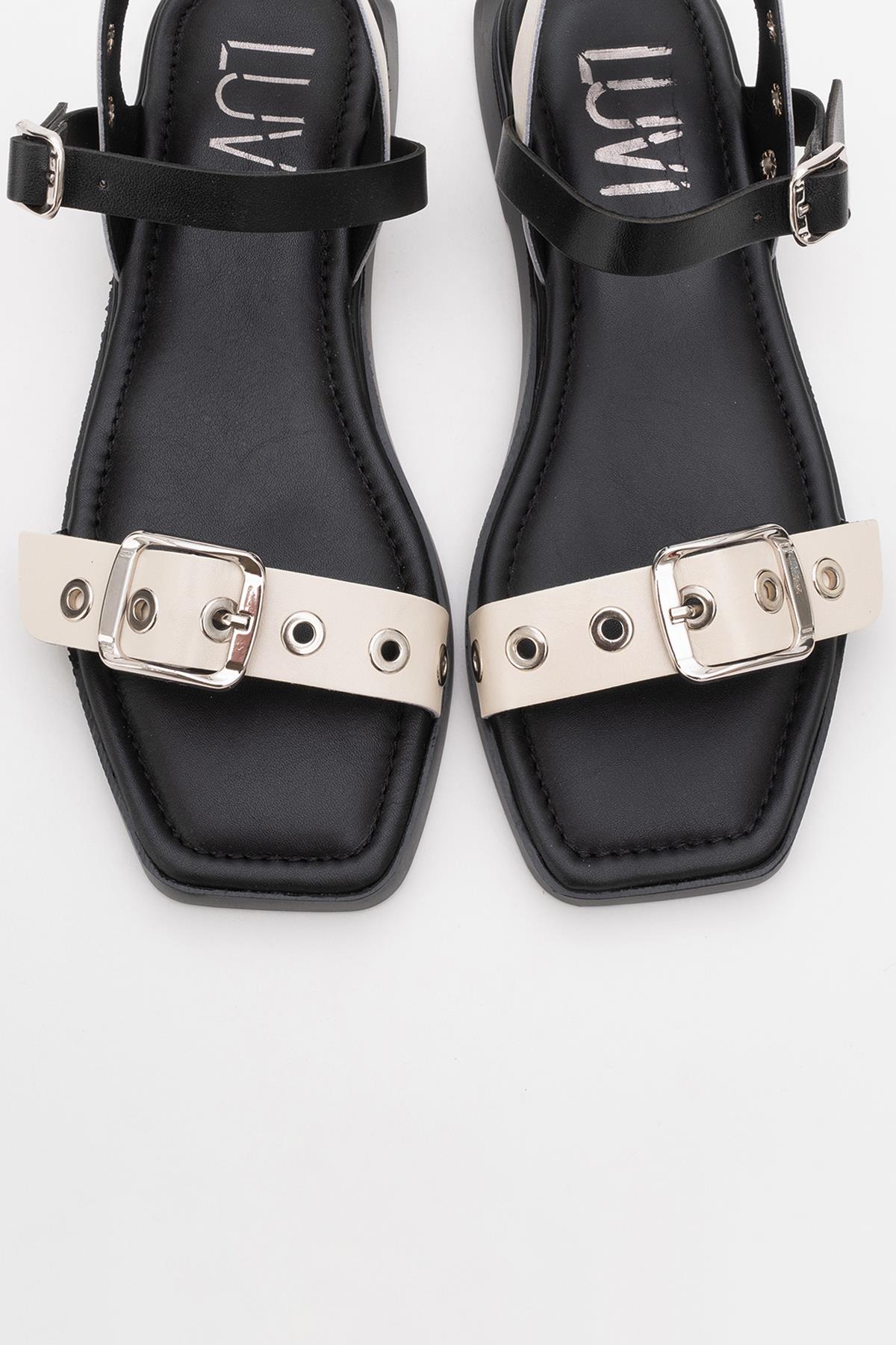 Mozes - Beige Black Leather Sandal (Women)