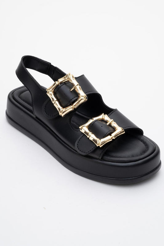Slope Black Double Strap Flat Sandal (Women)