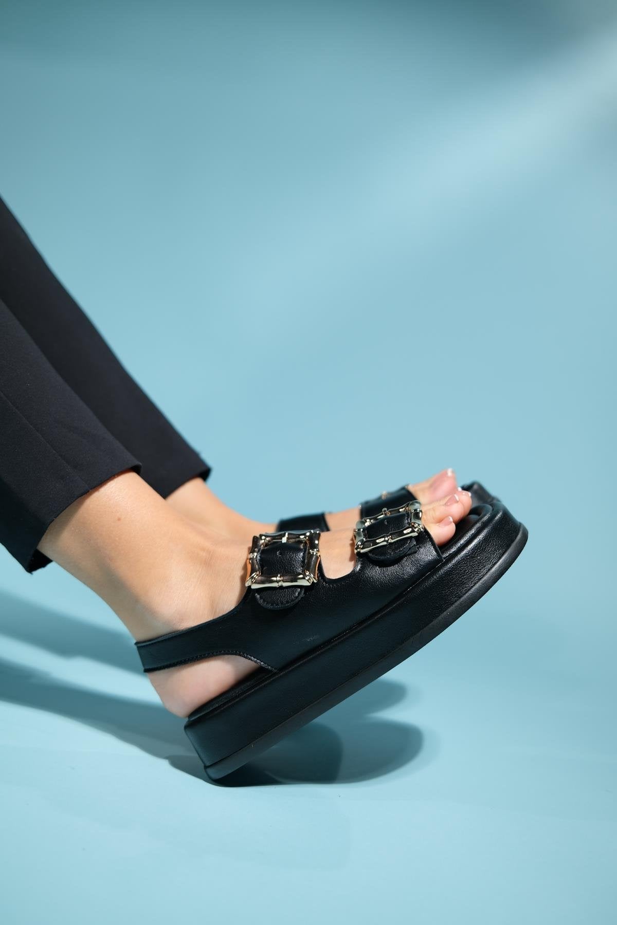 Slope Black Double Strap Flat Sandal (Women)
