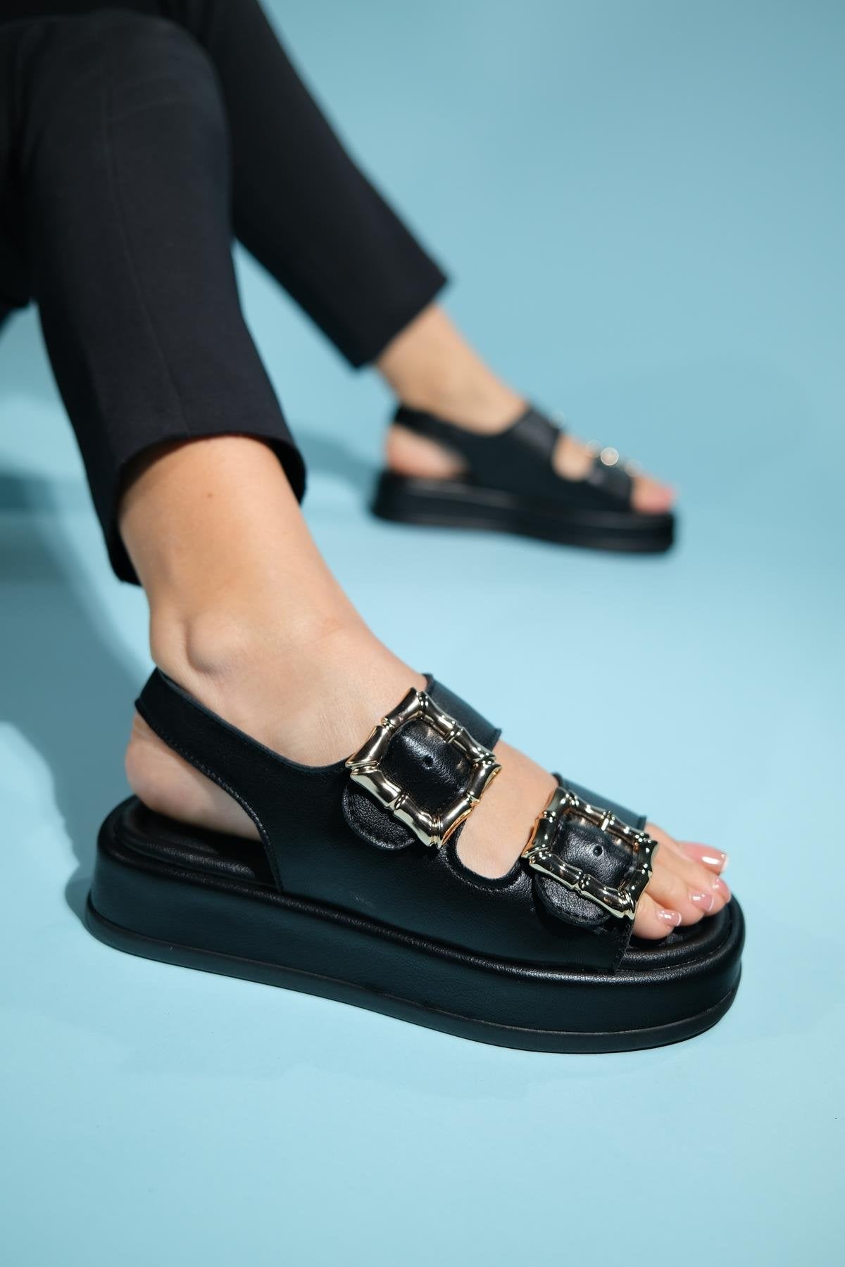 Slope Black Double Strap Flat Sandal (Women)