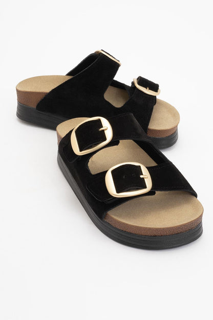 Harbor - Black Suede Leather Two-Strap Sandal (Women)