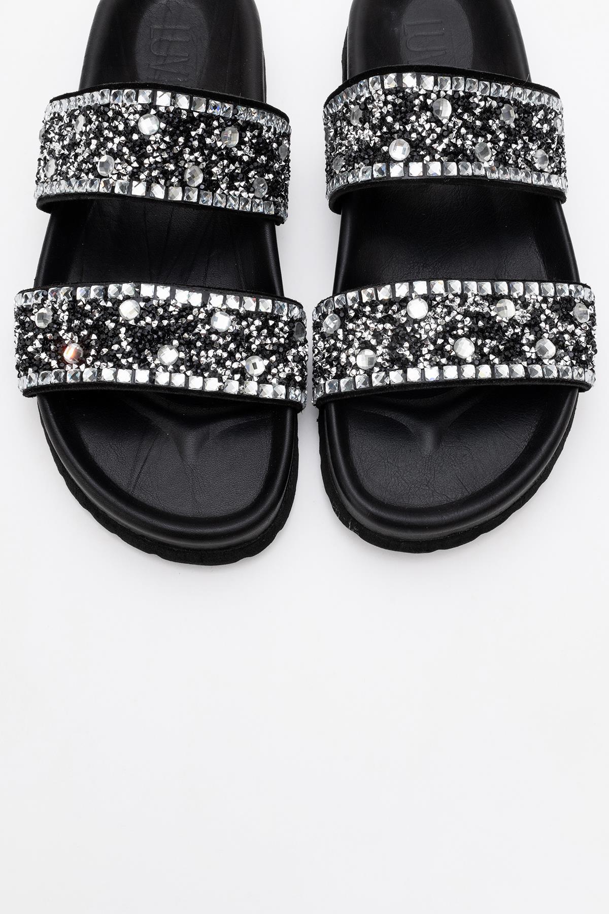 Jamie - Black Leather Double Strap Slide Sandal with Stones (Women)