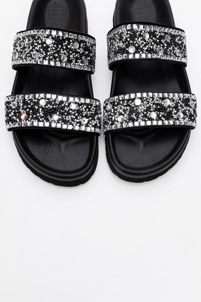 Jamie - Black Leather Double Strap Slide Sandal with Stones (Women)