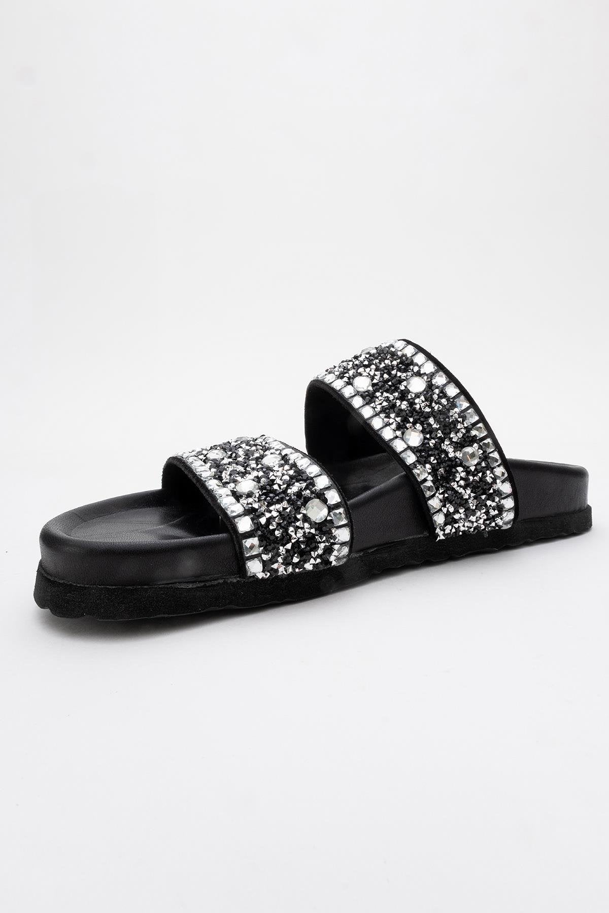 Jamie - Black Leather Double Strap Slide Sandal with Stones (Women)
