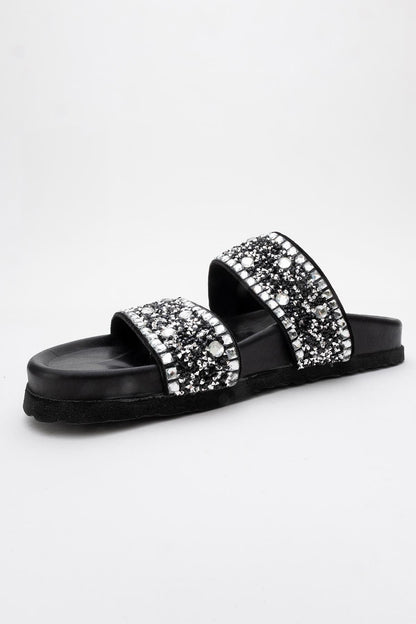 Jamie - Black Leather Double Strap Slide Sandal with Stones (Women)
