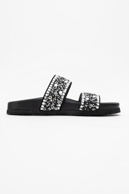 Jamie - Black Leather Double Strap Slide Sandal with Stones (Women)
