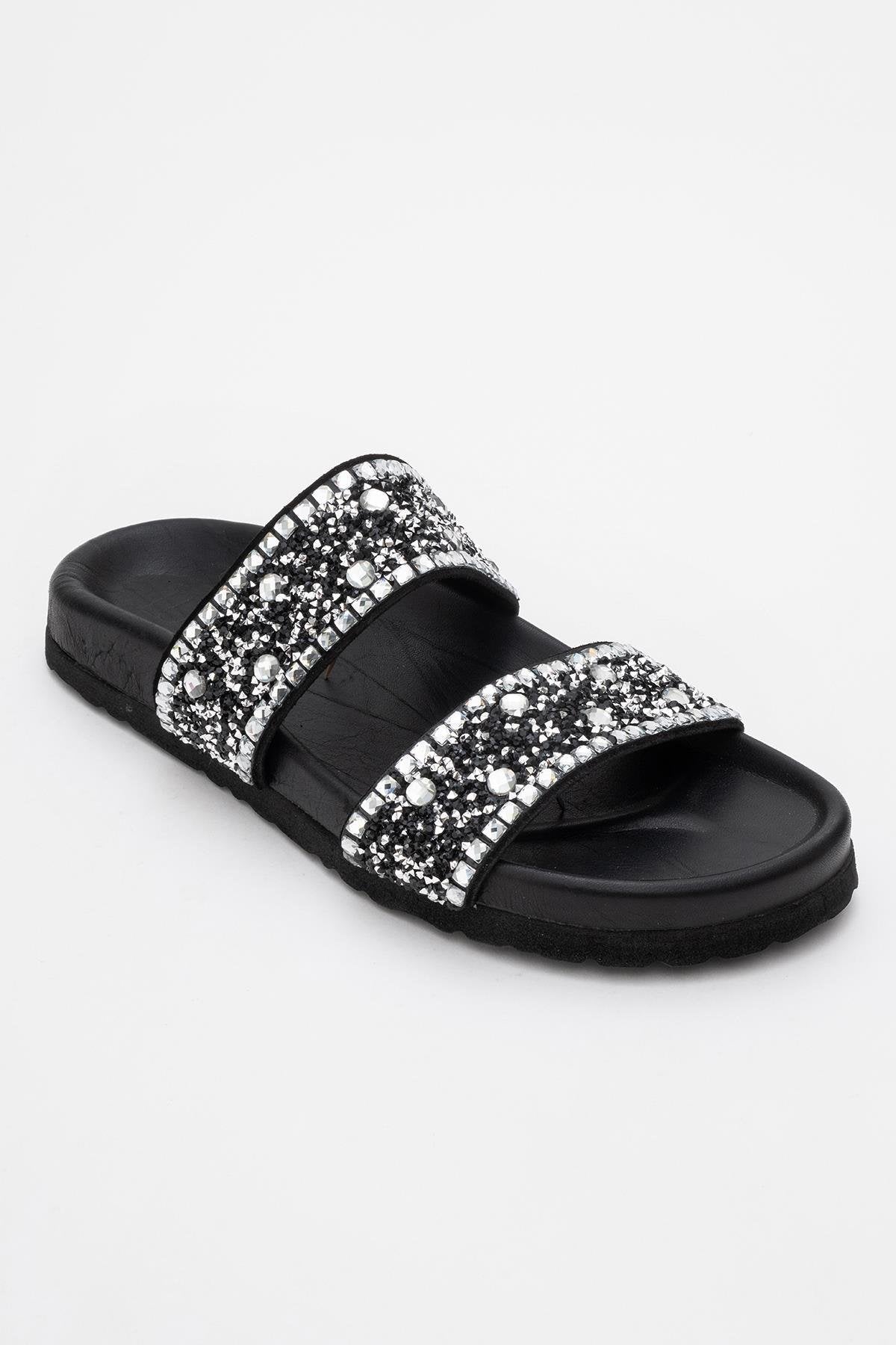 Jamie - Black Leather Double Strap Slide Sandal with Stones (Women)