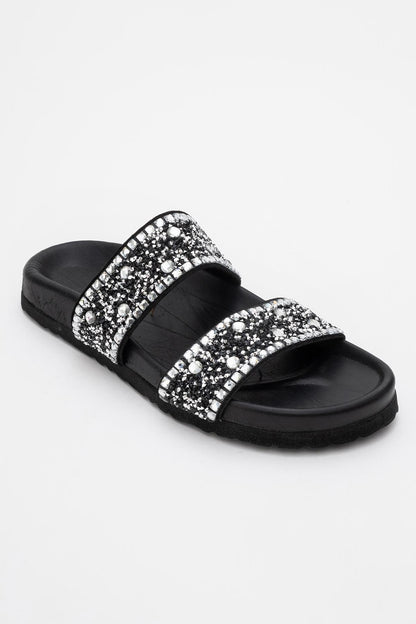 Jamie - Black Leather Double Strap Slide Sandal with Stones (Women)