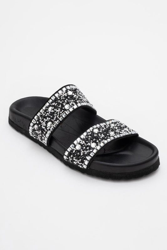 Jamie - Black Leather Double Strap Slide Sandal with Stones (Women)