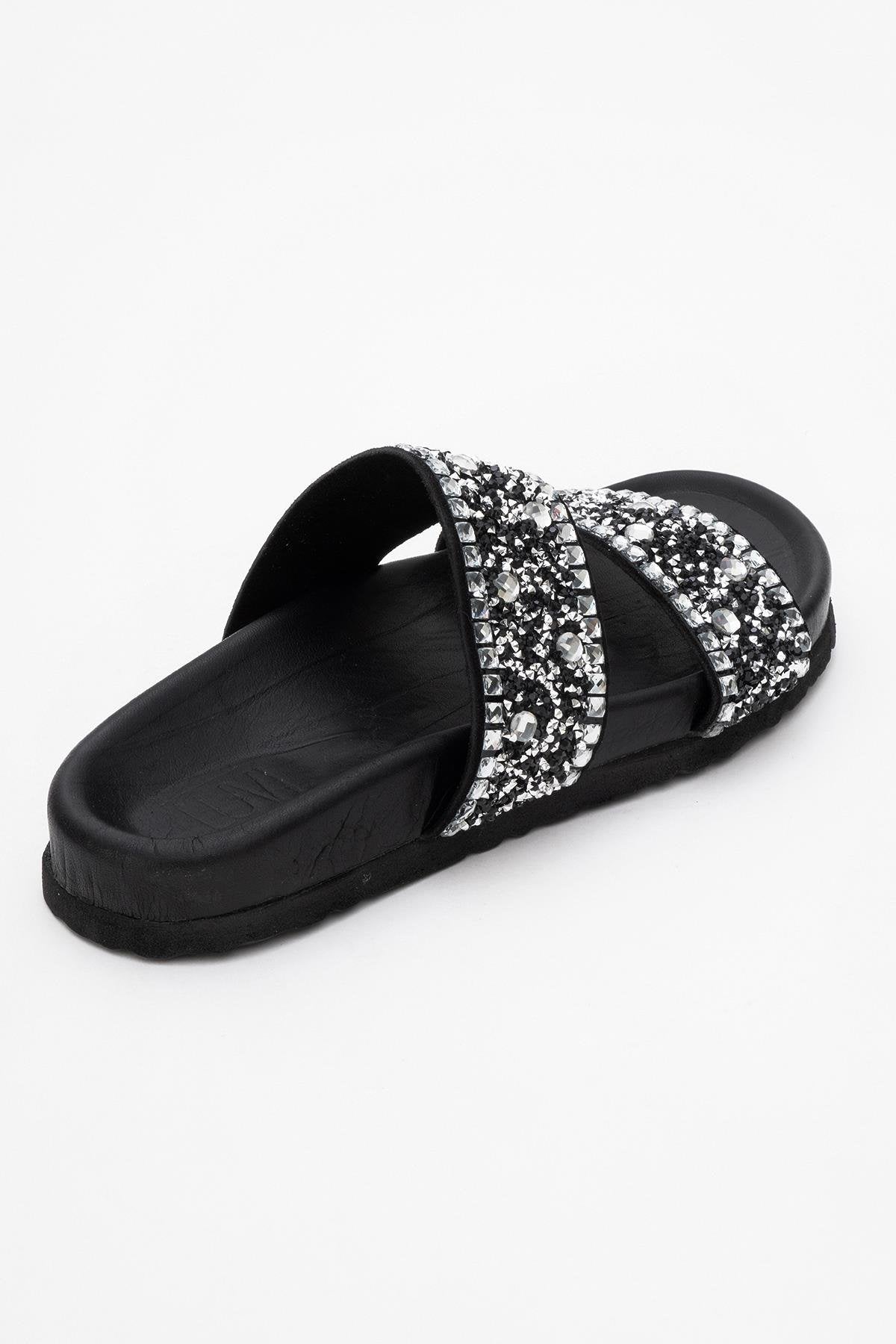 Jamie - Black Leather Double Strap Slide Sandal with Stones (Women)