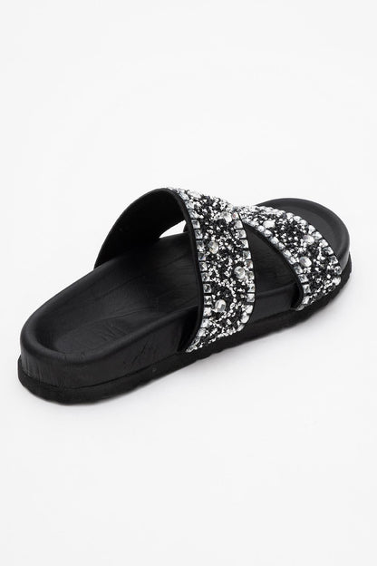 Jamie - Black Leather Double Strap Slide Sandal with Stones (Women)