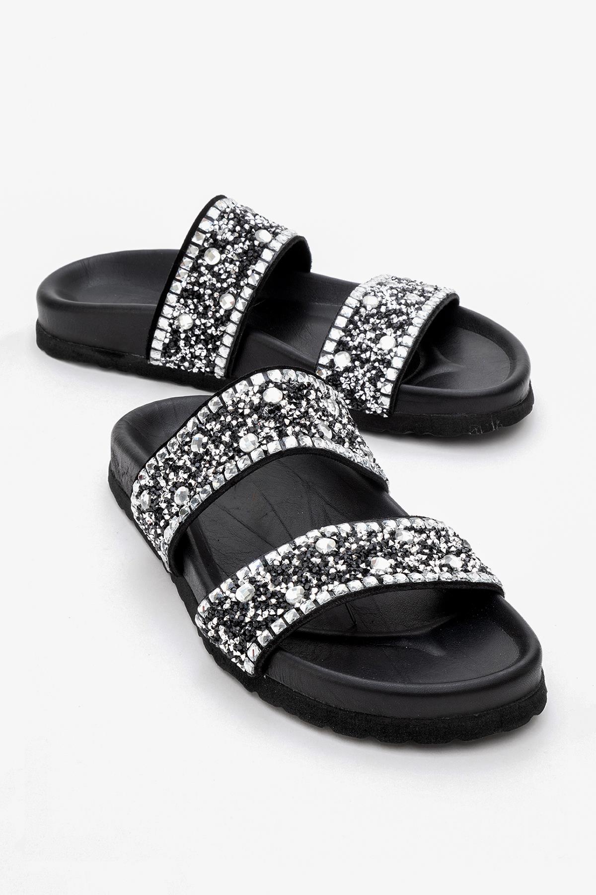 Jamie - Black Leather Double Strap Slide Sandal with Stones (Women)