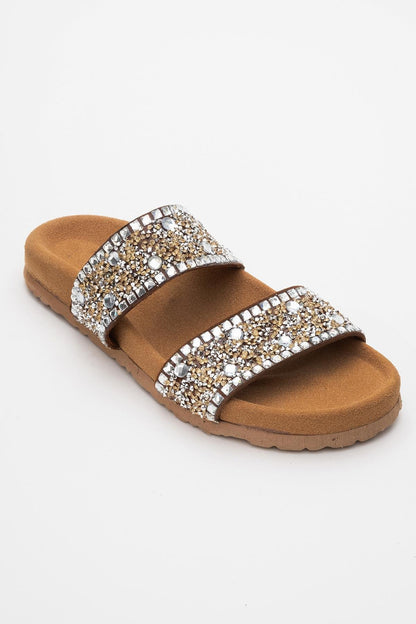 Jamie - Cognac Brown Leather Double Strap Slide Sandal with Stones (Women)