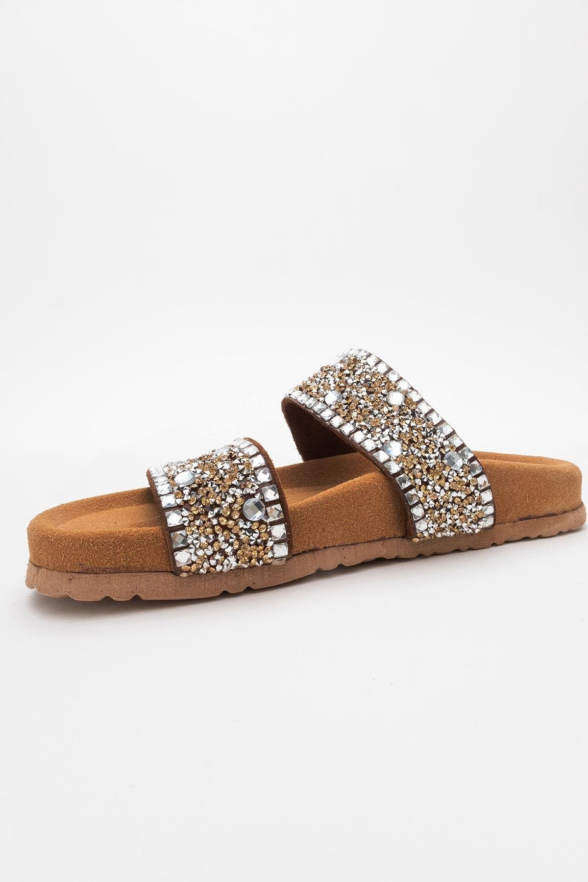Jamie - Cognac Brown Leather Double Strap Slide Sandal with Stones (Women)