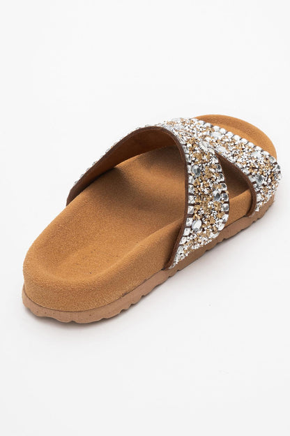 Jamie - Cognac Brown Leather Double Strap Slide Sandal with Stones (Women)