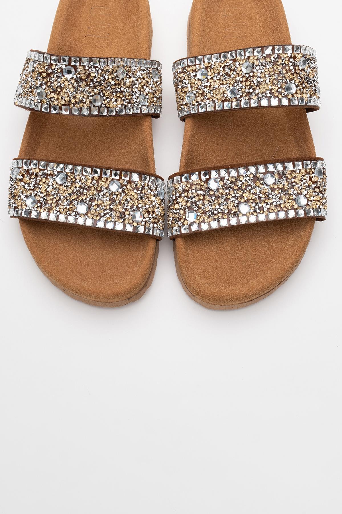 Jamie - Cognac Brown Leather Double Strap Slide Sandal with Stones (Women)