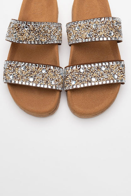 Jamie - Cognac Brown Leather Double Strap Slide Sandal with Stones (Women)