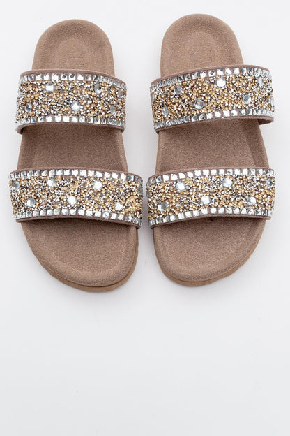 Jamie - beige Leather Double Strap Slide Sandal with Stones (Women)