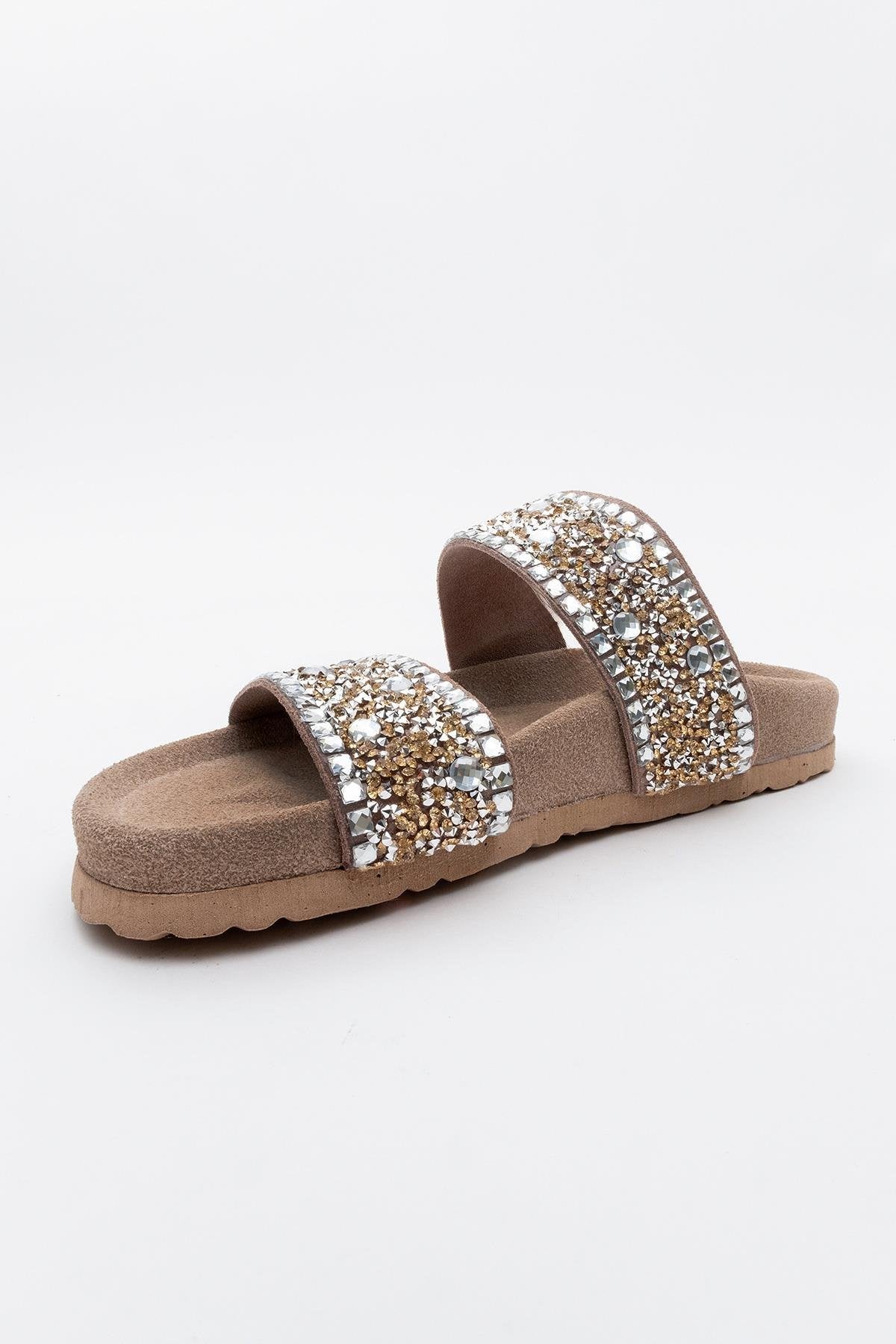 Jamie - beige Leather Double Strap Slide Sandal with Stones (Women)