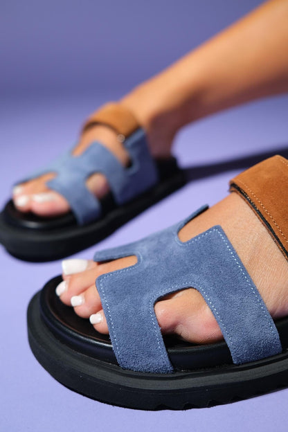 Morte - Navy Cognac Suede Leather Slide Sandal (Women)