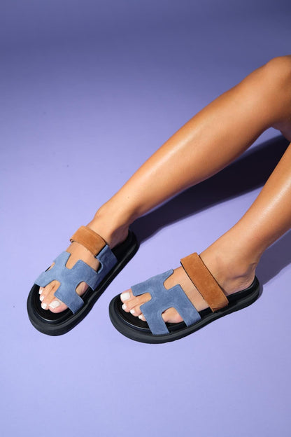 Morte - Navy Cognac Suede Leather Slide Sandal (Women)