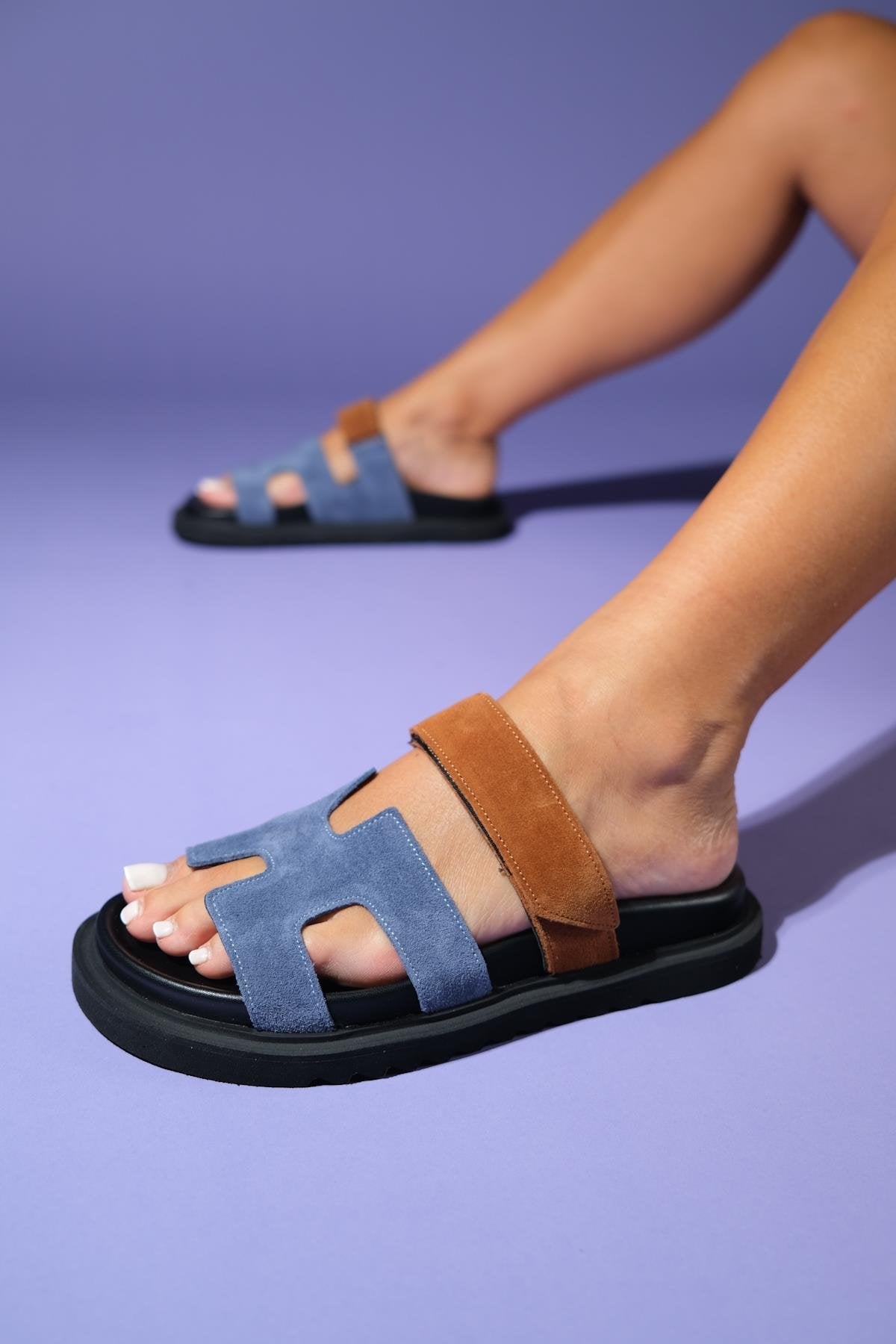 Morte - Navy Cognac Suede Leather Slide Sandal (Women)