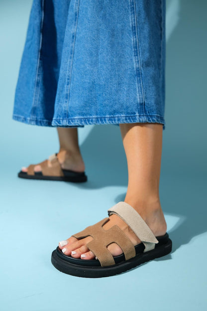 Morte - Cognac Beige Suede Leather Slide Sandal (Women)