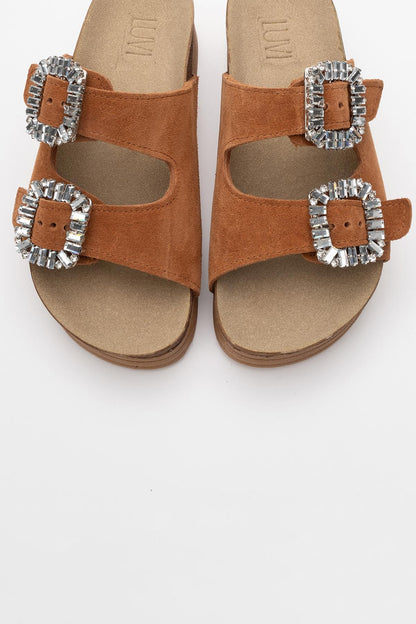 Polacca - Cognac Brown Suede Leather Slide Sandal (Women)
