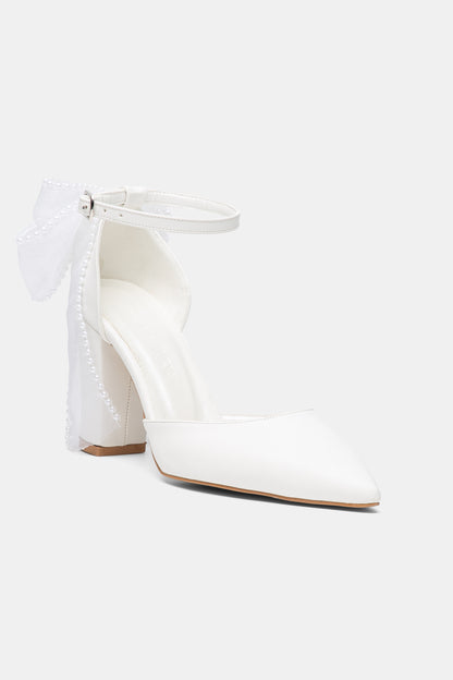 Elvienne Pointed Toe Bow Detail Block Heel Bridal Sandals