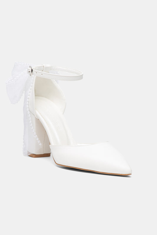 Elvienne Pointed Toe Bow Detail Block Heel Bridal Sandals