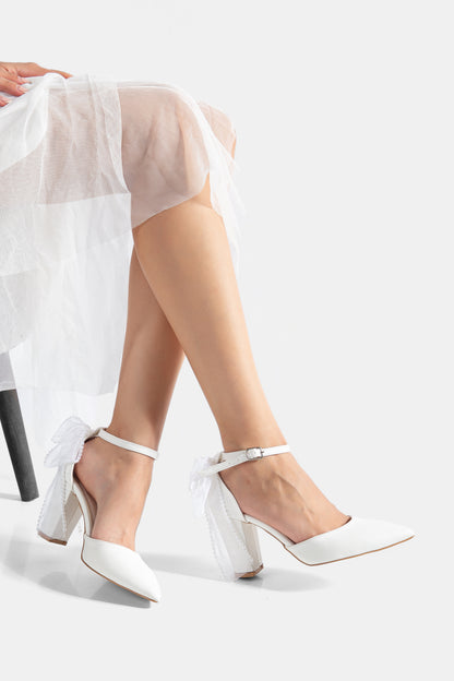Elvienne Pointed Toe Bow Detail Block Heel Bridal Sandals