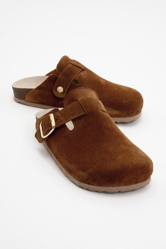 Gons - Cognac Brown Suede Leather Clogs (Women)