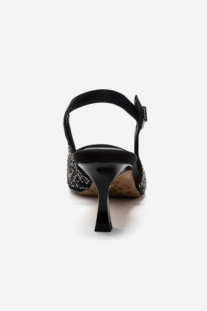 NELLA - Zapatos de tacón de aguja con pedrería y tira en el talón de platino negro (Mujer)