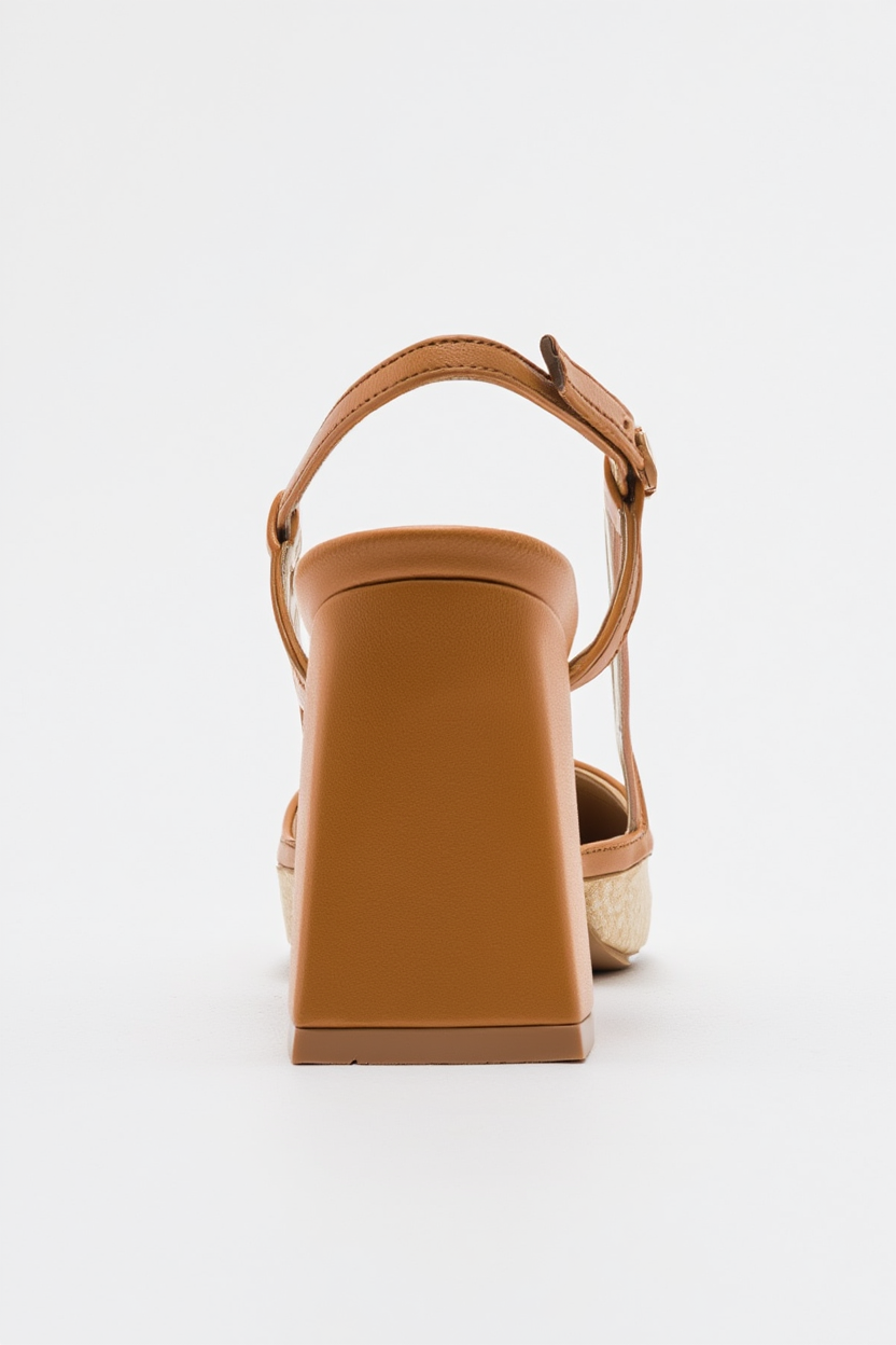 Rivie - Zapatos de tacón de bloque con punta cuadrada en rafia Cognac (Mujer)