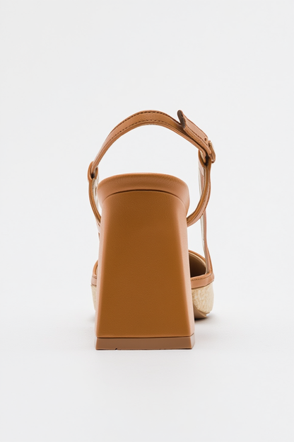 Rivie - Zapatos de tacón de bloque con punta cuadrada en rafia Cognac (Mujer)
