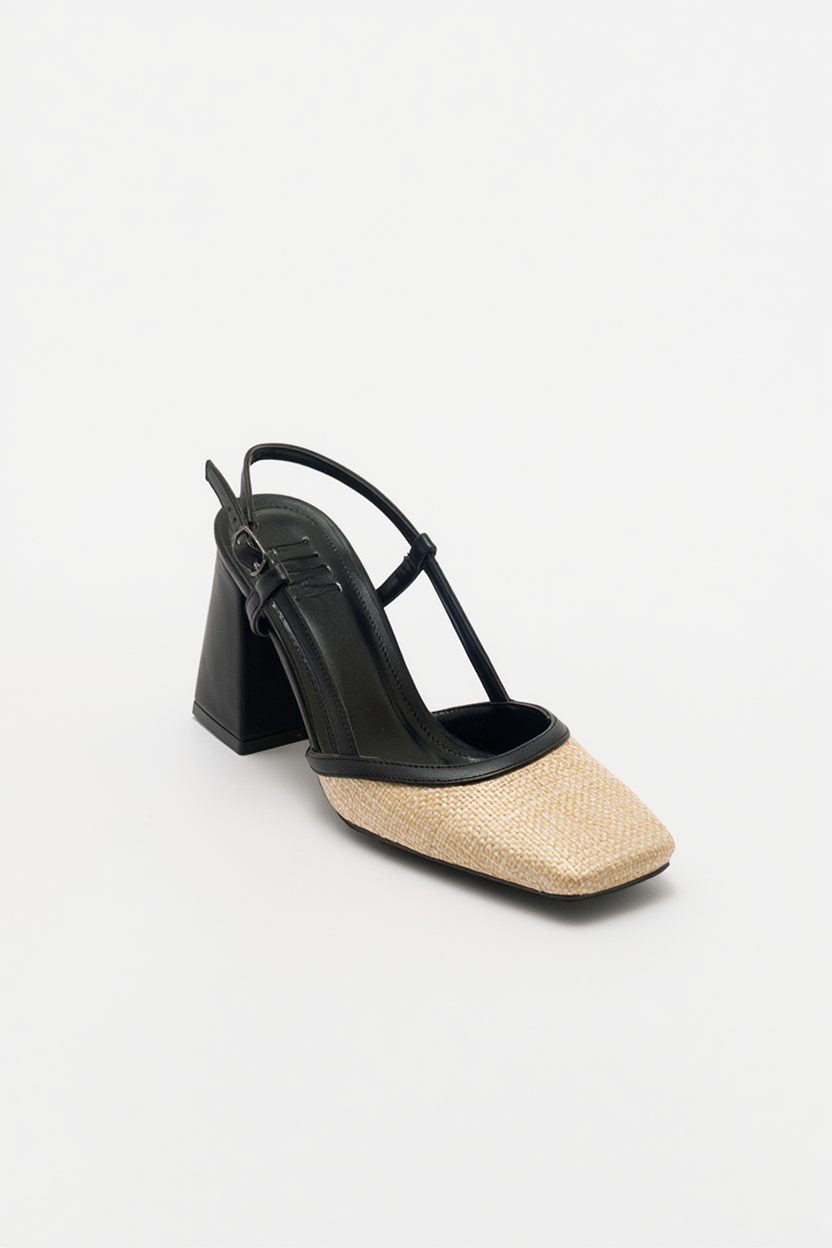 Rivie - Zapatos de tacón grueso con punta cuadrada de rafia negra (Mujer)