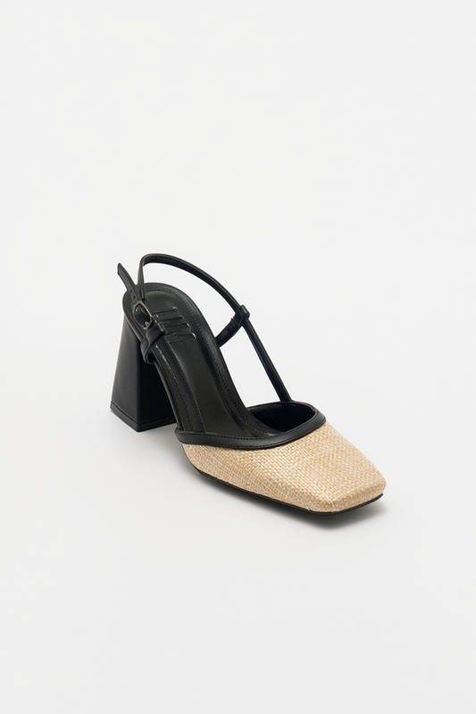 Rivie - Zapatos de tacón grueso con punta cuadrada de rafia negra (Mujer)