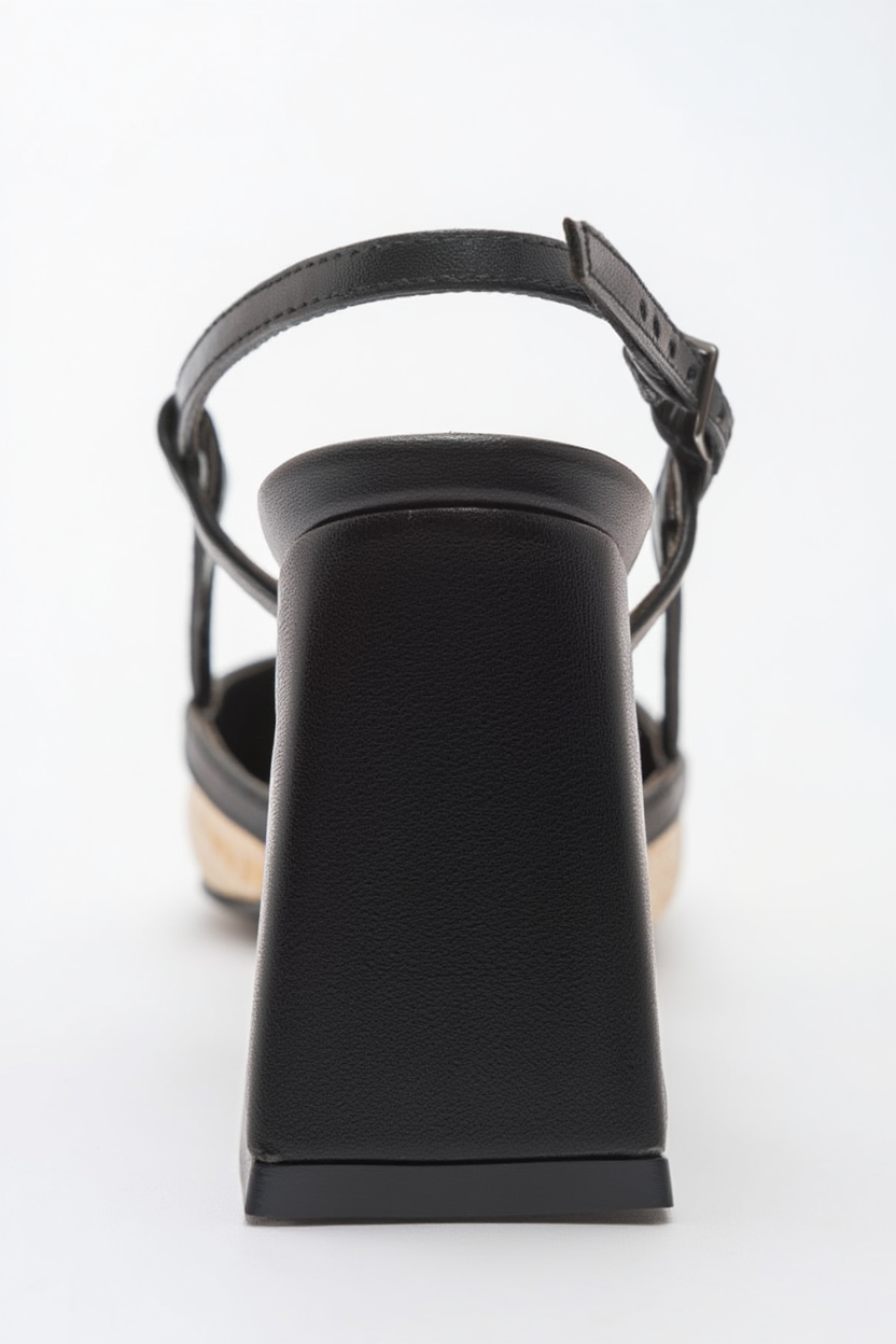 Rivie - Zapatos de tacón grueso con punta cuadrada de rafia negra (Mujer)