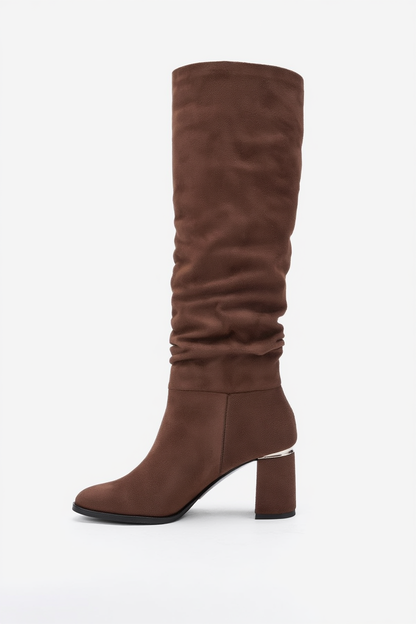 120 - Bota alta de tacón de bloque de ante marrón (mujer)