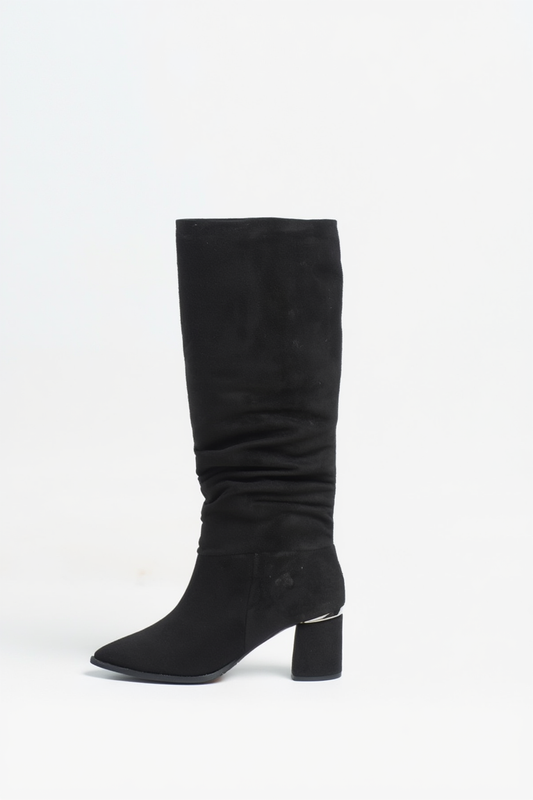 120 - Bota alta de tacón ancho de ante negro (Mujer)