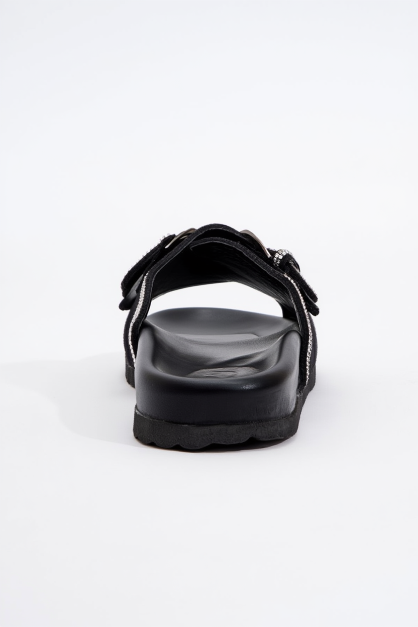 Allen - Sandalia plana de cuero negro con pedrería (Mujer)