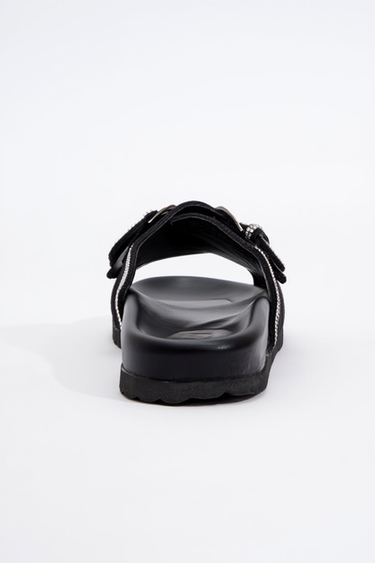 Allen - Sandalia plana de cuero negro con pedrería (Mujer)