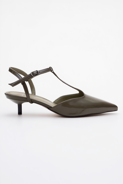 Asher - Zapatos de tacón destalonados en charol caqui con punta fina (Mujer)