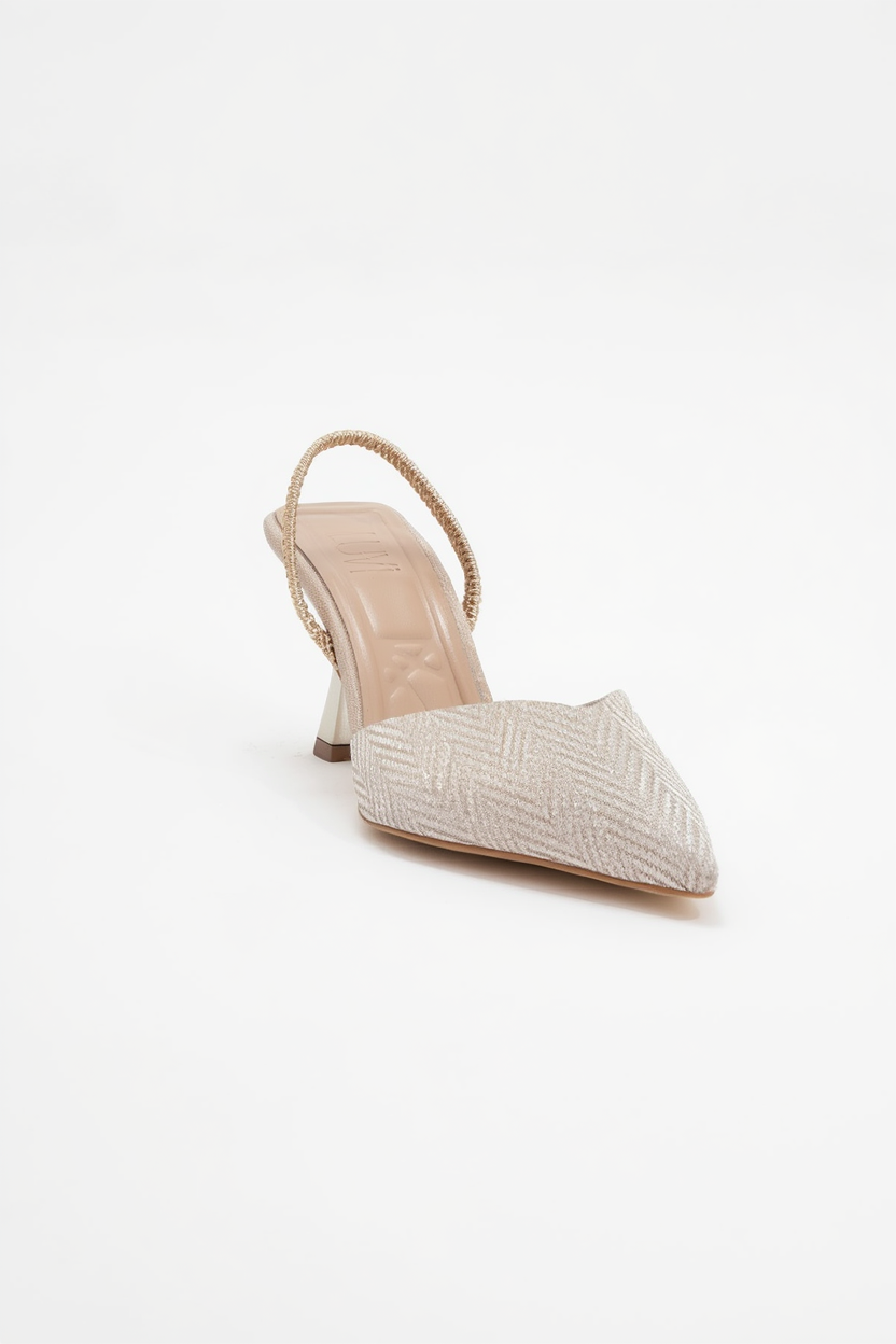Renos - Zapatilla de tacón de punta fina con purpurina dorada (Mujer)